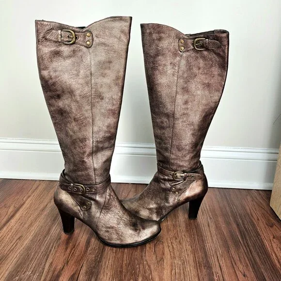 Vaneli | Metallic Bronze Leather Knee-High Buckle Boots | Size 9.5 - Picture 2 of 9